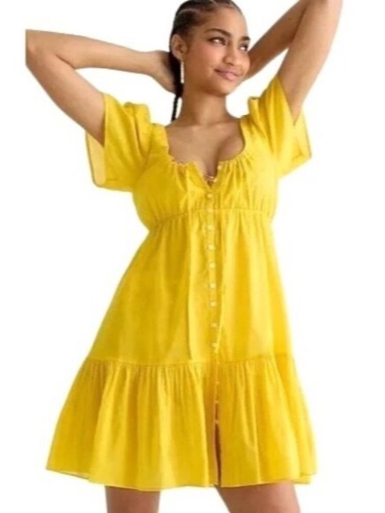 J. Crew Dresses & Skirts - J. Crew Sunny Yellow Cotton Voile Tiered Button- Down Beach Dress size L